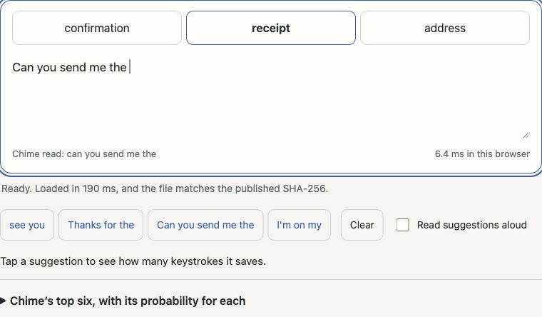 Chime suggests confirmation, receipt, and address after ‘Can you send me the’.