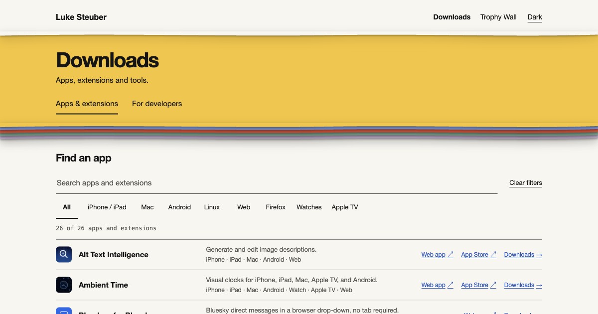 Downloads showing platform filters and app listings, including Alt Text Intelligence and Ambient Time.