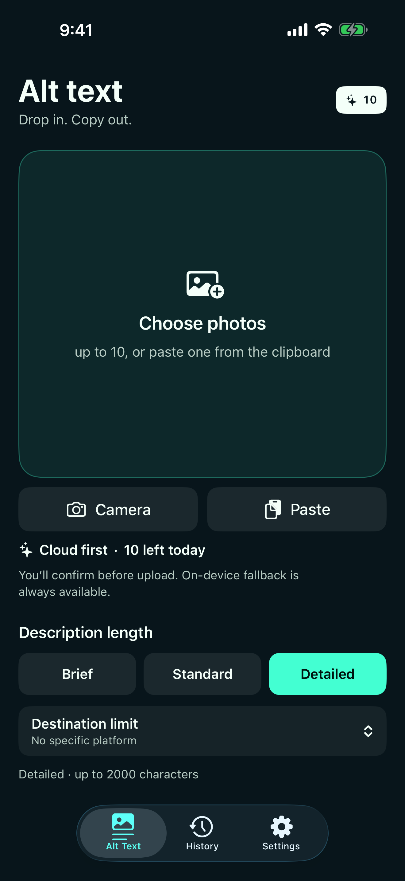 Alt Text screen with a large Choose photos area, Camera and Paste buttons, three description-length choices, and an optional destination limit.