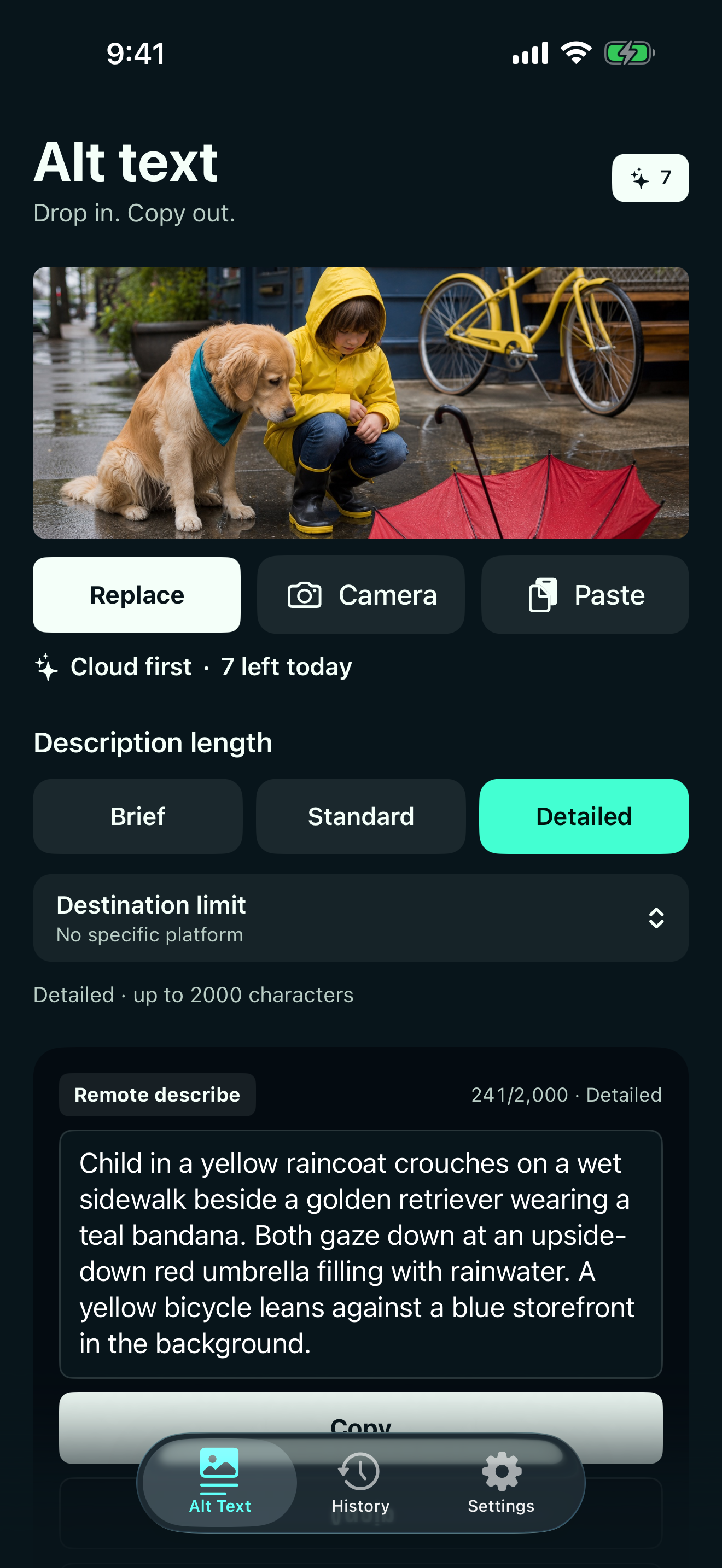 Alt Text screen showing a child and golden retriever in the rain above a detailed, editable result labeled Remote describe.
