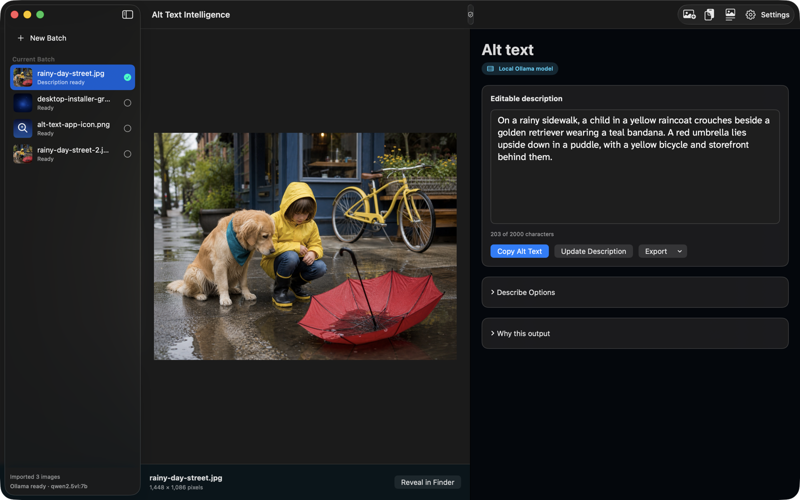 Alt Text Intelligence for Mac with several imported images arranged in a sidebar batch queue.