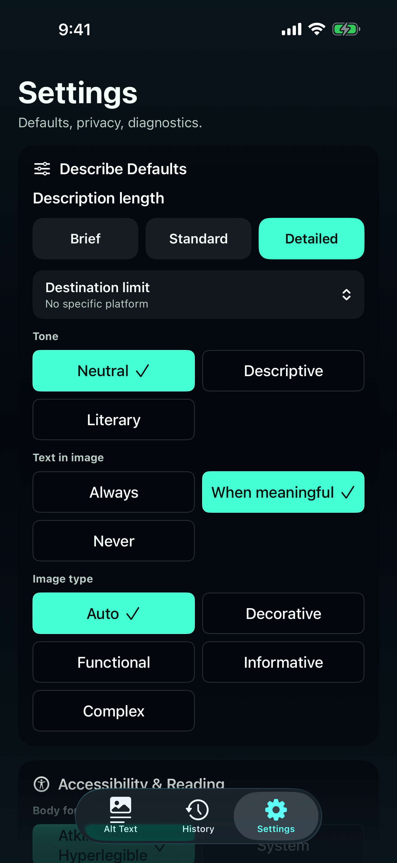 Settings screen with controls for description length, destination limit, tone, text in images, and image type.