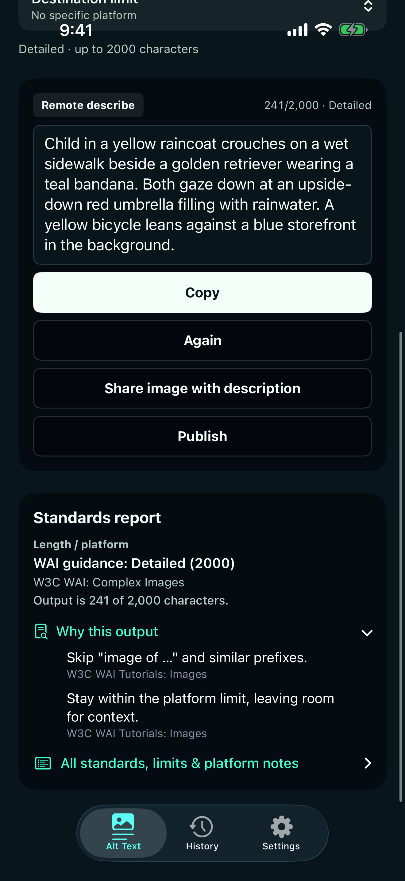 Alt Text screen showing the same detailed remote draft above a standards report with W3C WAI guidance on prefixes and length.