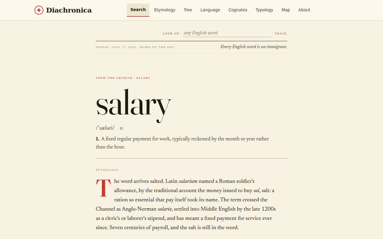 Diachronica website showing a word history timeline and etymology notes