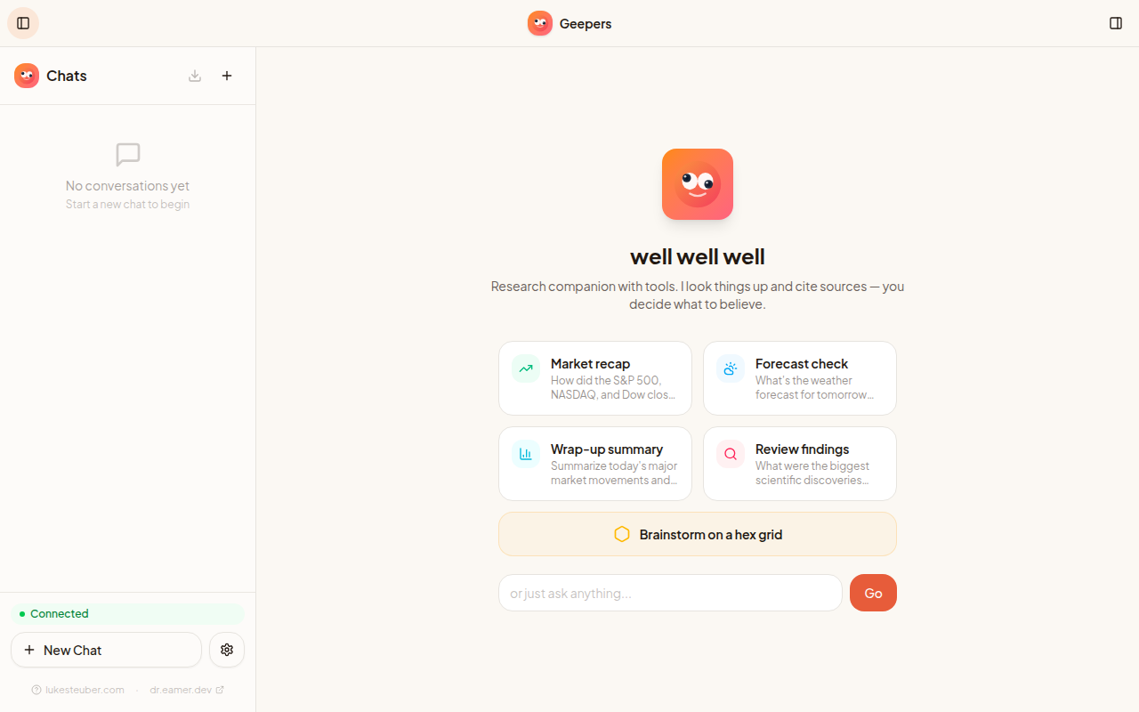 Geepers web app chat interface with message input