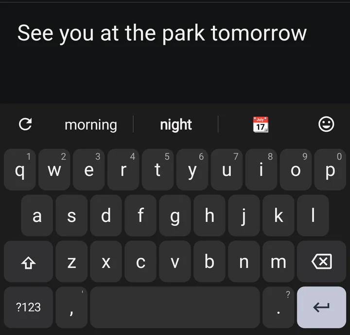 LocalType below the sentence “See you at the park tomorrow”. The strip shows an undo arrow, the words morning and night, and a calendar emoji.