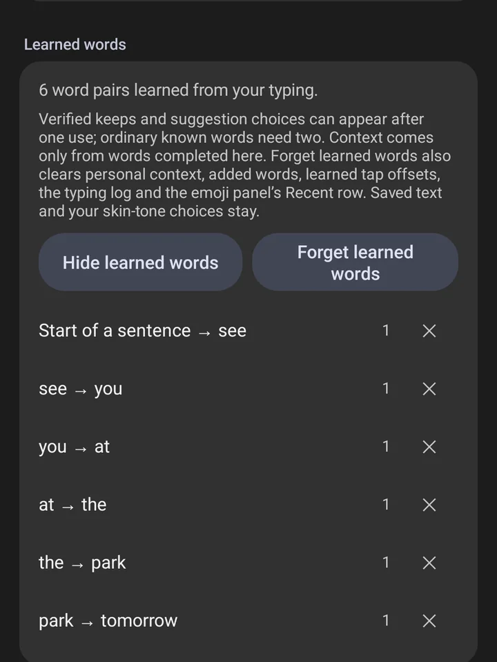 LocalType settings, Learned words: six word pairs such as “see → you” and “park → tomorrow”, each with a count and a remove button, above a Forget learned words button.