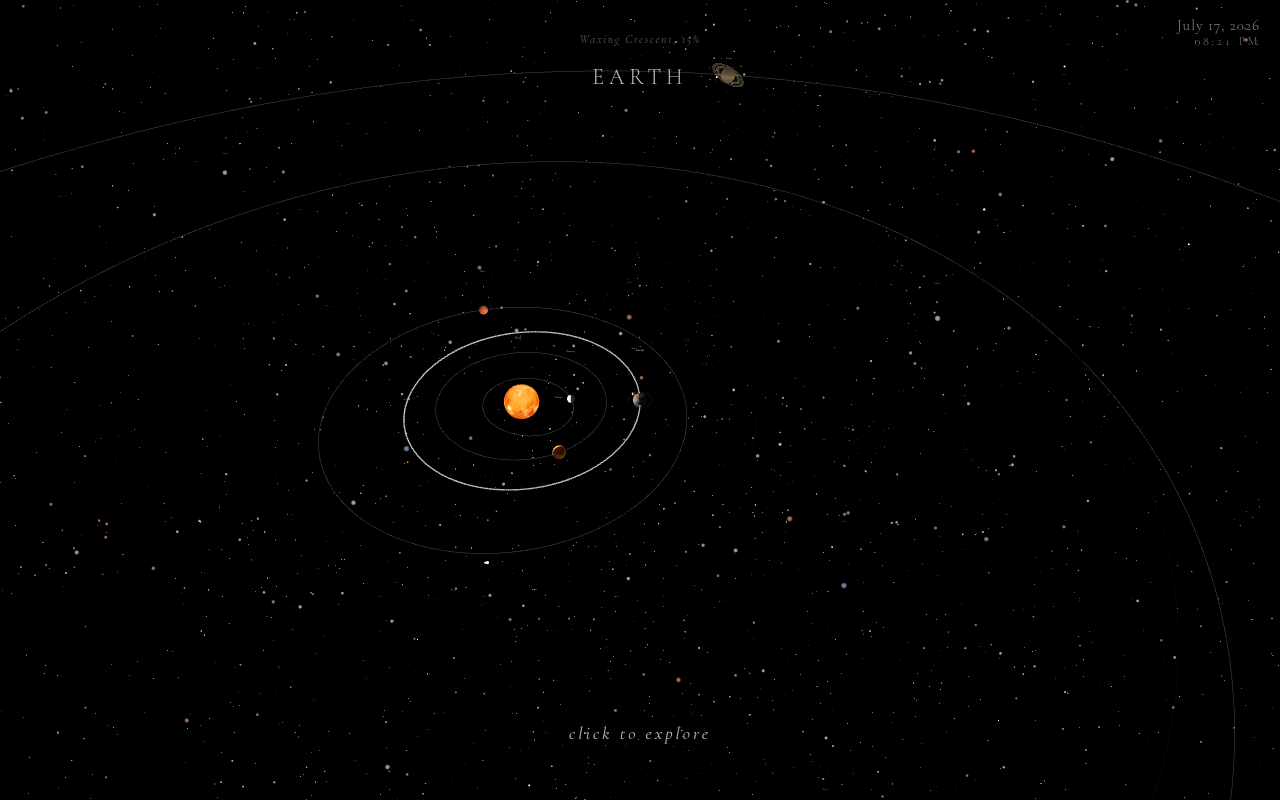 Solar Orrery web visualization showing planets orbiting the sun