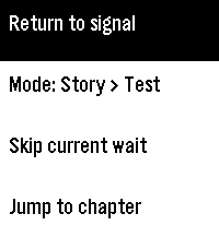 Tether’s watch controls menu: Return to signal, Mode: Story to Test, Skip current wait, and Jump to chapter.