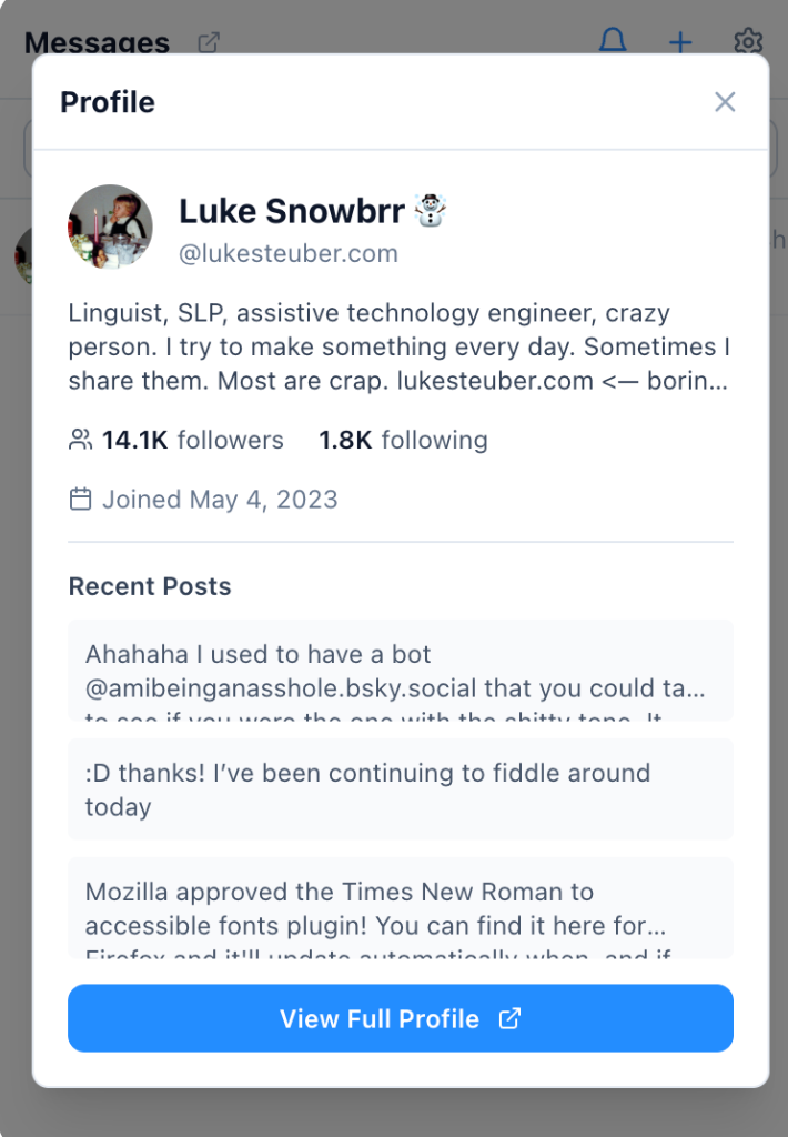 Bluedrop conversation list with the messenger panel open