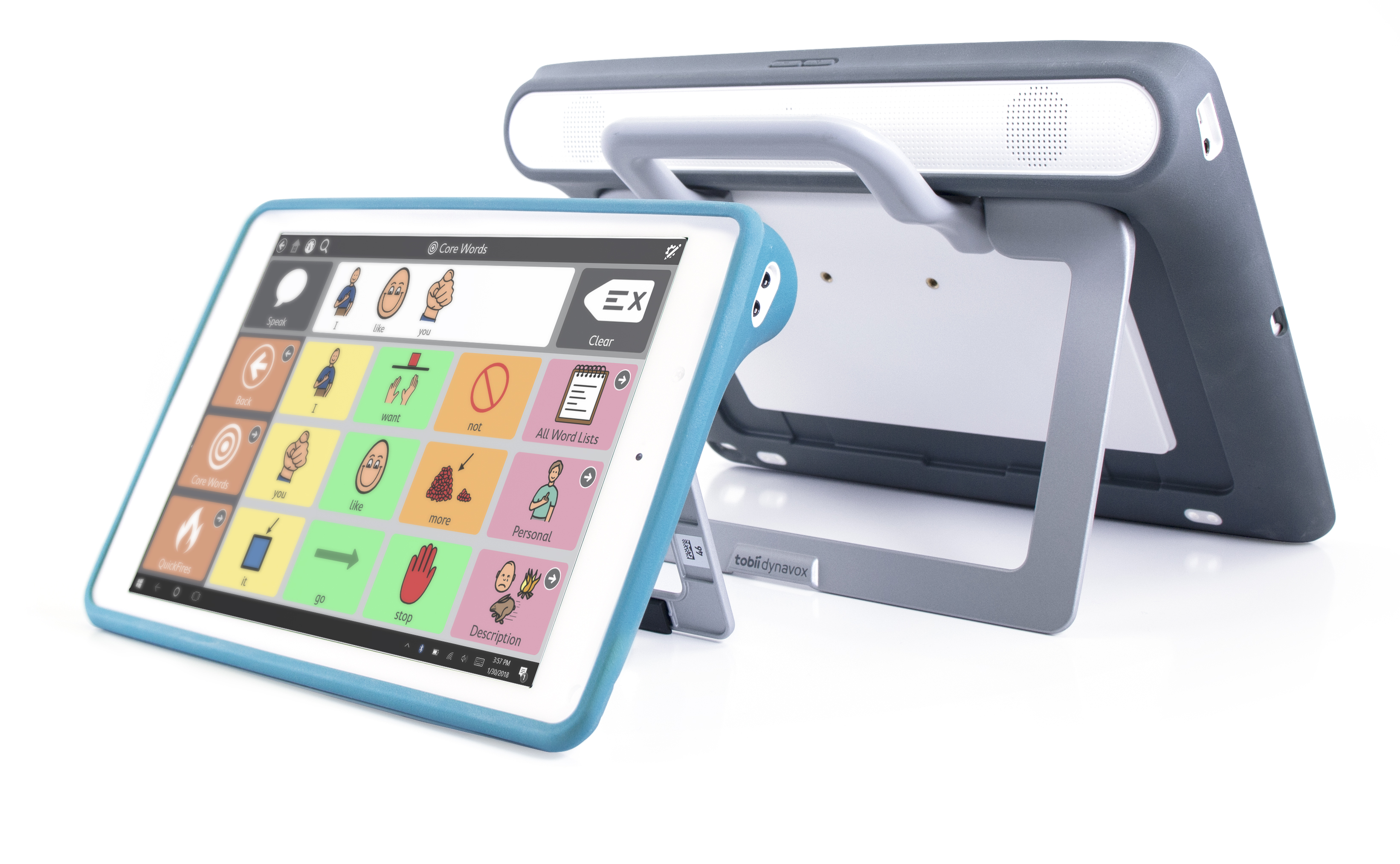 Snap + Core First vocabulary grid displayed on a mounted Speech Case tablet.