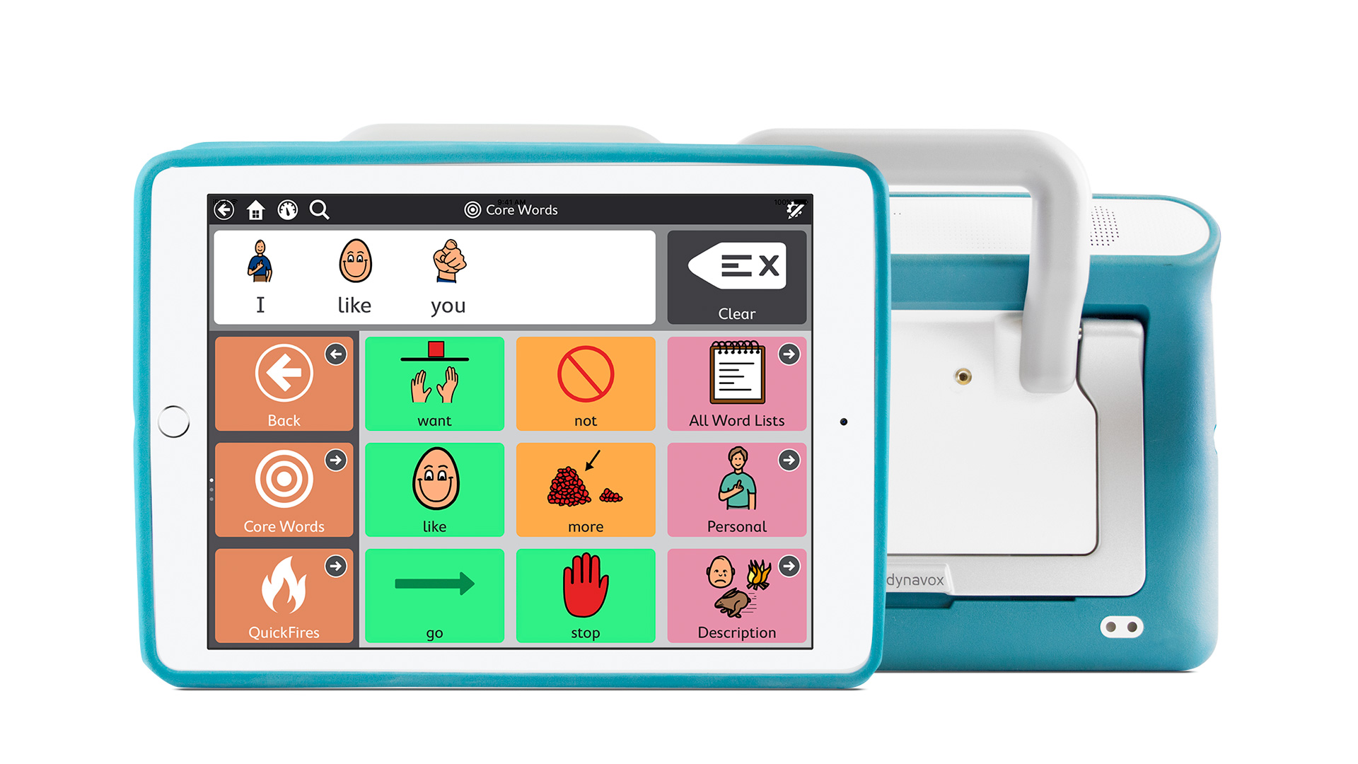 The turquoise Speech Case with handles and an iPad running Snap + Core First.