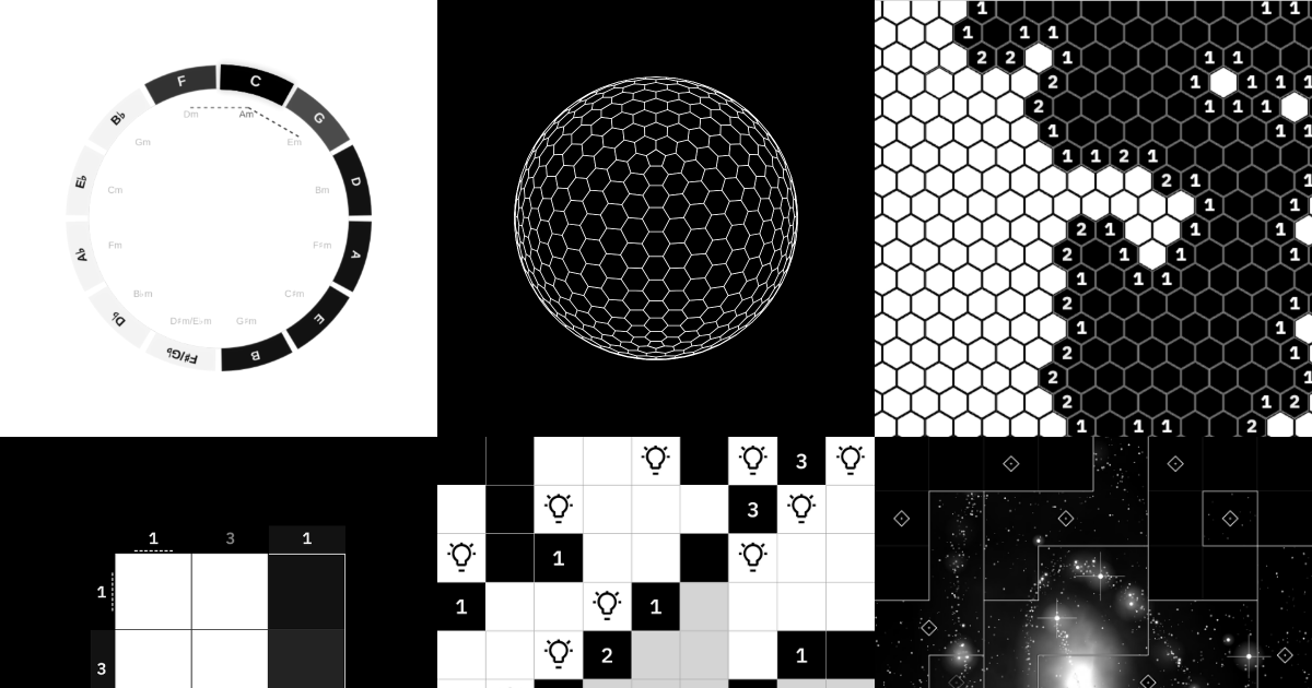 A collage of Minimal’s clocks, geometric puzzles, and black-and-white games.